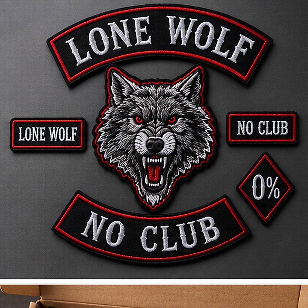 Lone Wolf No Club six-piece embroidered patch set clean studio product view