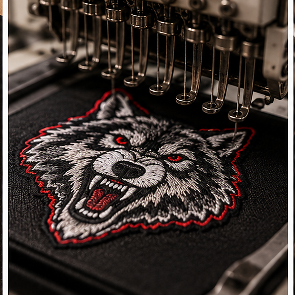 Lone Wolf No Club embroidered patch shown during machine production