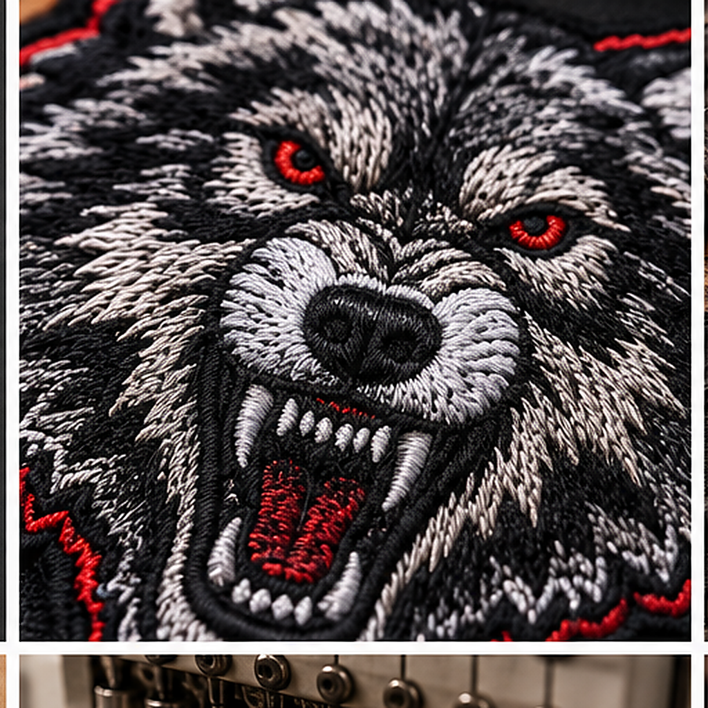 Lone Wolf No Club embroidered patch macro stitching detail