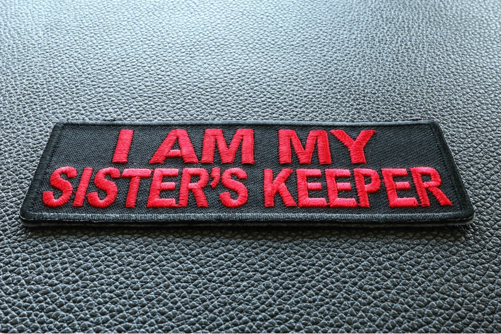 Sister's Keeper Red Embroidered Patch reverse and construction view