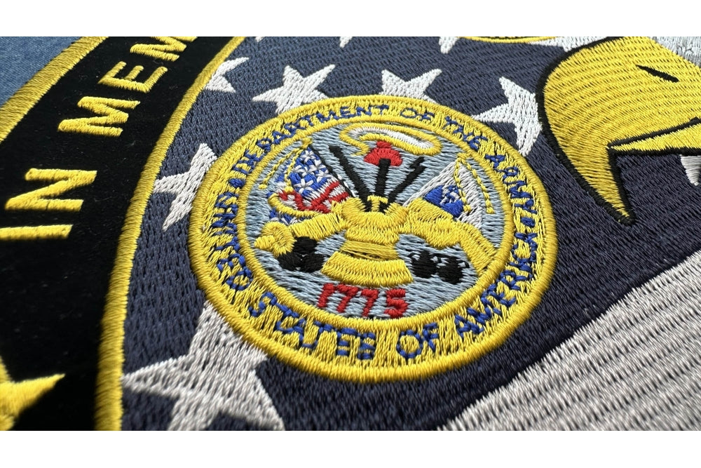 Never Forget Fallen Heroes Embroidered Patch shown for scale