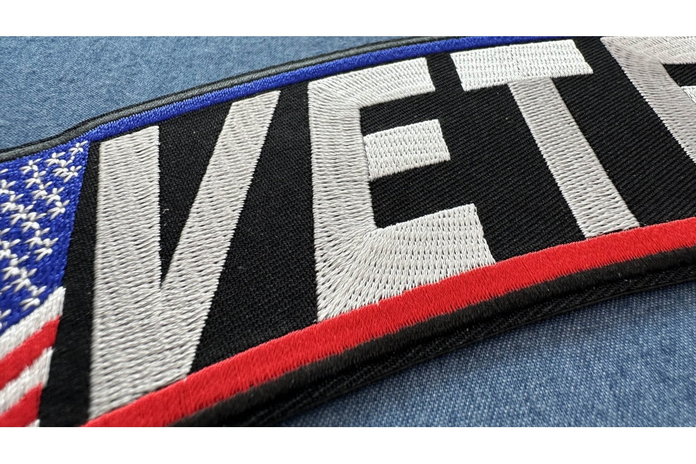 Veteran US Flag Rocker Patch - Large Embroidered Iron-On/Sew-On Patch ( 4x2 inche )