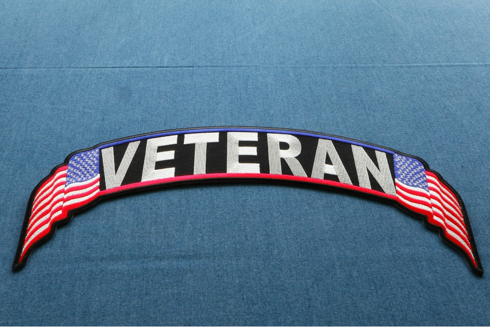 Veteran US Flag Rocker Patch - Large Embroidered Iron-On/Sew-On Patch ( 4x2 inche )