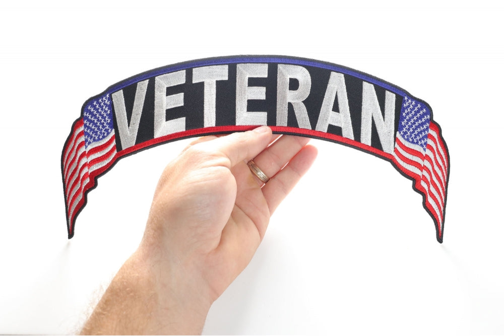 Veteran US Flag Rocker Patch - Large Embroidered Iron-On/Sew-On Patch ( 4x2 inche )