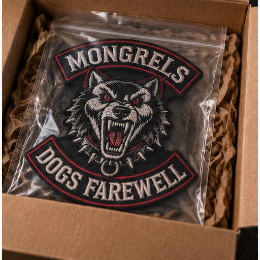 Mongrels Dogs Farewell patch packaged as a ready-to-ship bundle