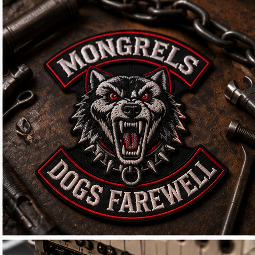 Mongrels Dogs Farewell embroidered biker patch premium workshop flat lay