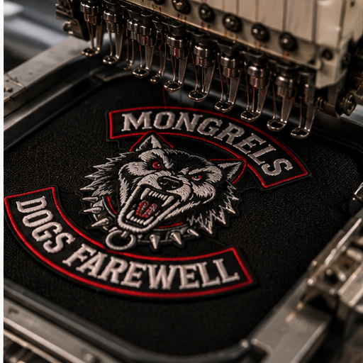 Mongrels Dogs Farewell embroidered patch shown during machine production