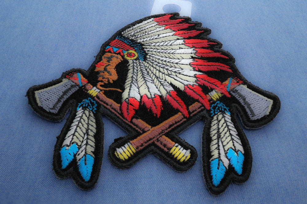 Indian Chief Patch With Battle Axes and Feathers – Embroidered Iron-On Patch ( 4 x 4 inches )