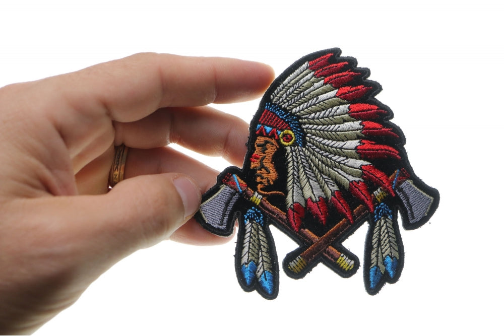 Indian Chief Patch With Battle Axes and Feathers – Embroidered Iron-On Patch ( 4 x 4 inches )