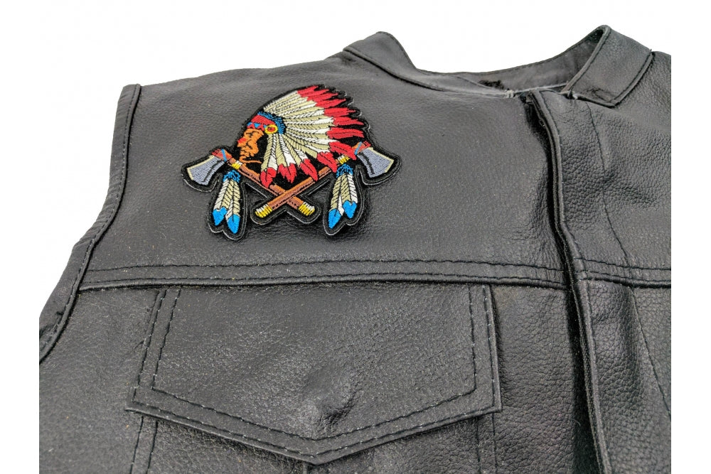 Indian Chief Patch With Battle Axes and Feathers – Embroidered Iron-On Patch ( 4 x 4 inches )