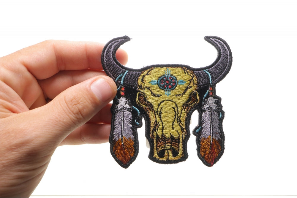 Small Buffalo Head Feathers Patch – Embroidered Iron-On Patch ( 3.5 x 3.5 inches )
