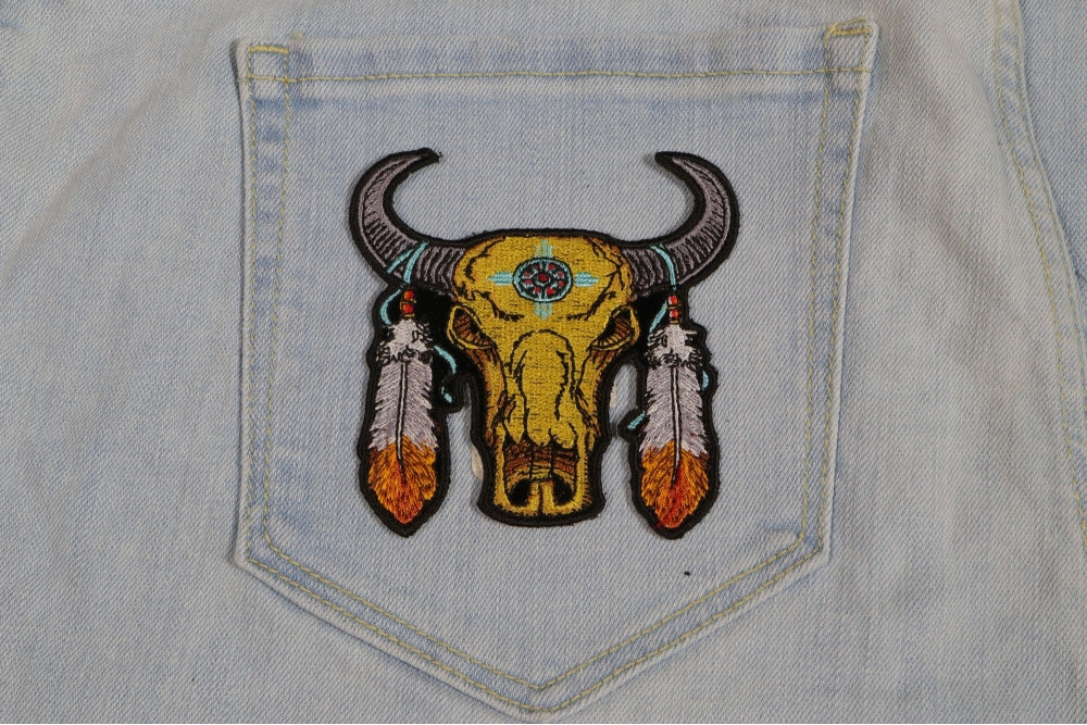 Small Buffalo Head Feathers Patch – Embroidered Iron-On Patch ( 3.5 x 3.5 inches )