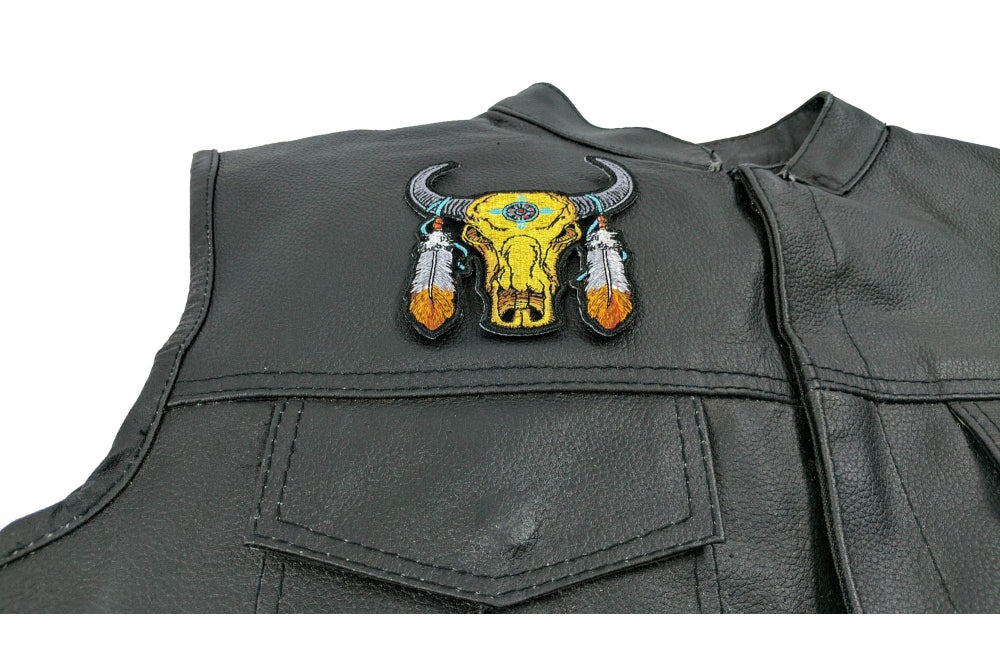 Small Buffalo Head Feathers Patch – Embroidered Iron-On Patch ( 3.5 x 3.5 inches )