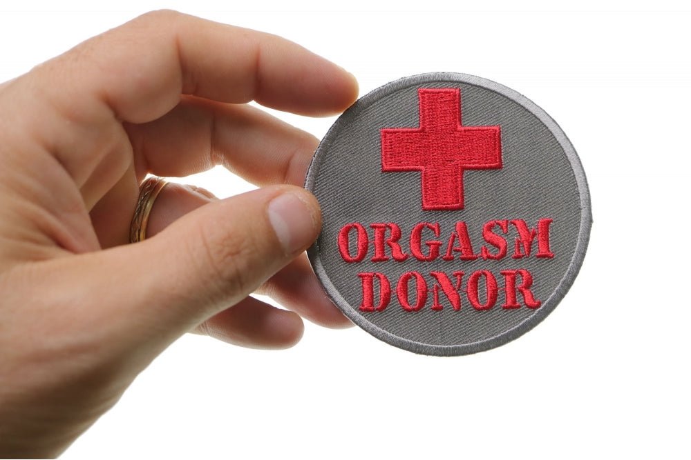 Orgasm Donor Patch – Humorous Embroidered Iron-On Patch for Jackets & Gear  ( 3 x 3 inches )