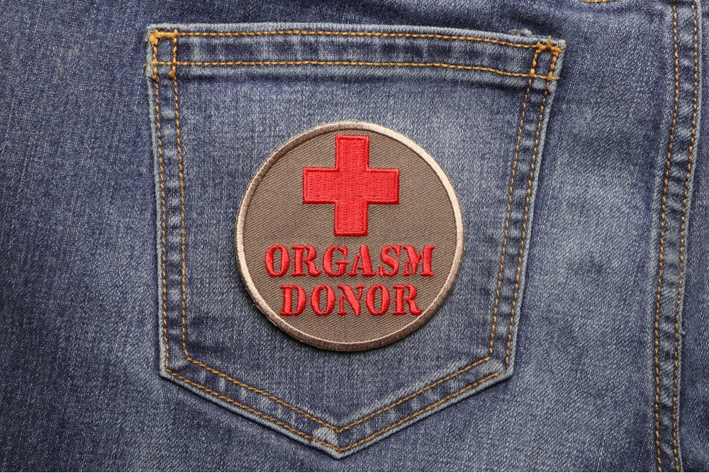 Orgasm Donor Patch – Humorous Embroidered Iron-On Patch for Jackets & Gear  ( 3 x 3 inches )