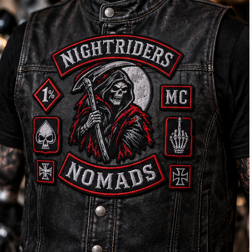 Nightriders Nomads patch set shown on front biker vest placement