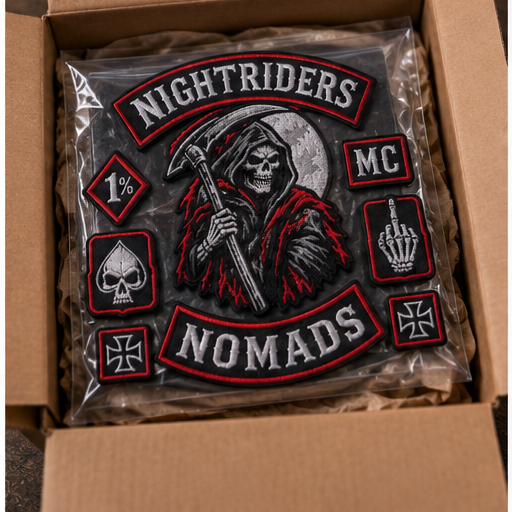 Nightriders Nomads nine-piece patch set packaged ready to ship