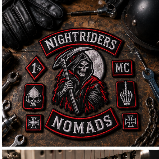 Nightriders Nomads nine-piece embroidered patch set biker flat lay