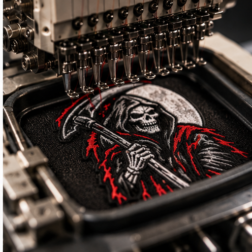 Nightriders Nomads embroidered patch shown during machine production