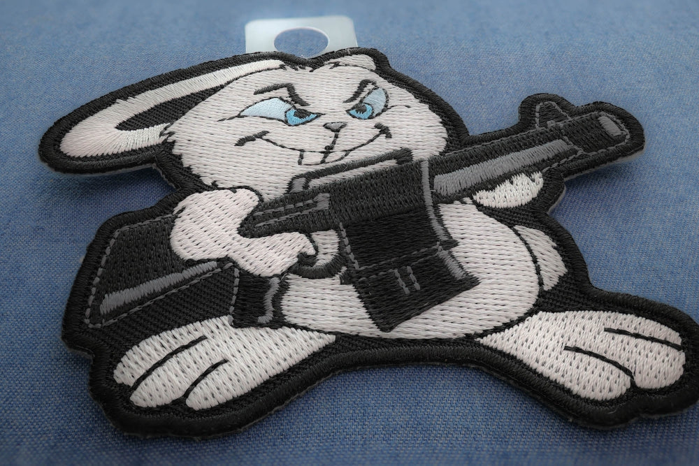 Machine Gun Bunny Rabbit Novelty Iron-On Patch ( 3 x 3.5 inches )