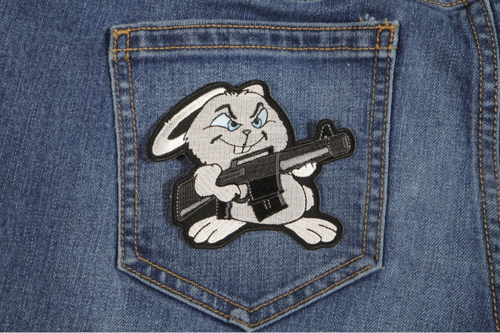 Machine Gun Bunny Rabbit Novelty Iron-On Patch ( 3 x 3.5 inches )