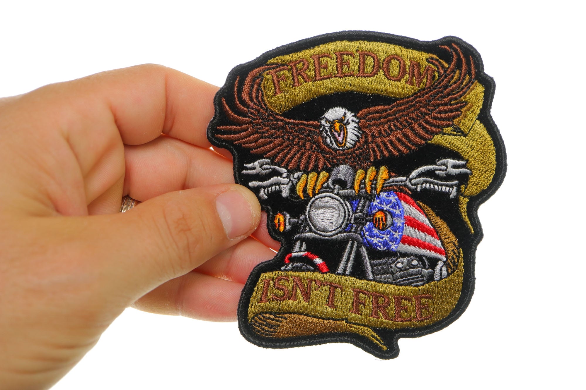 Patriotic Eagle Biker Small Iron-On Patch: Freedom Isn't Free ( 4 x 4 inches )