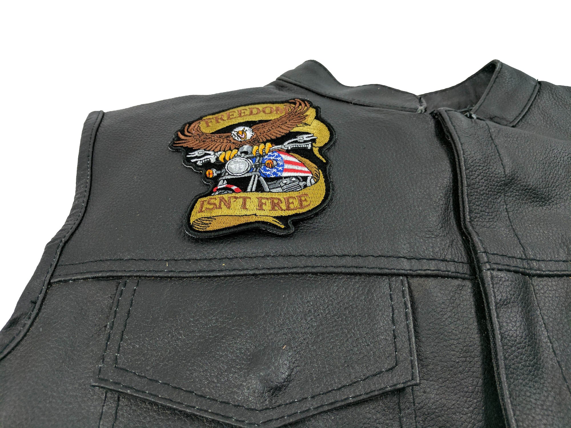Patriotic Eagle Biker Small Iron-On Patch: Freedom Isn't Free ( 4 x 4 inches )