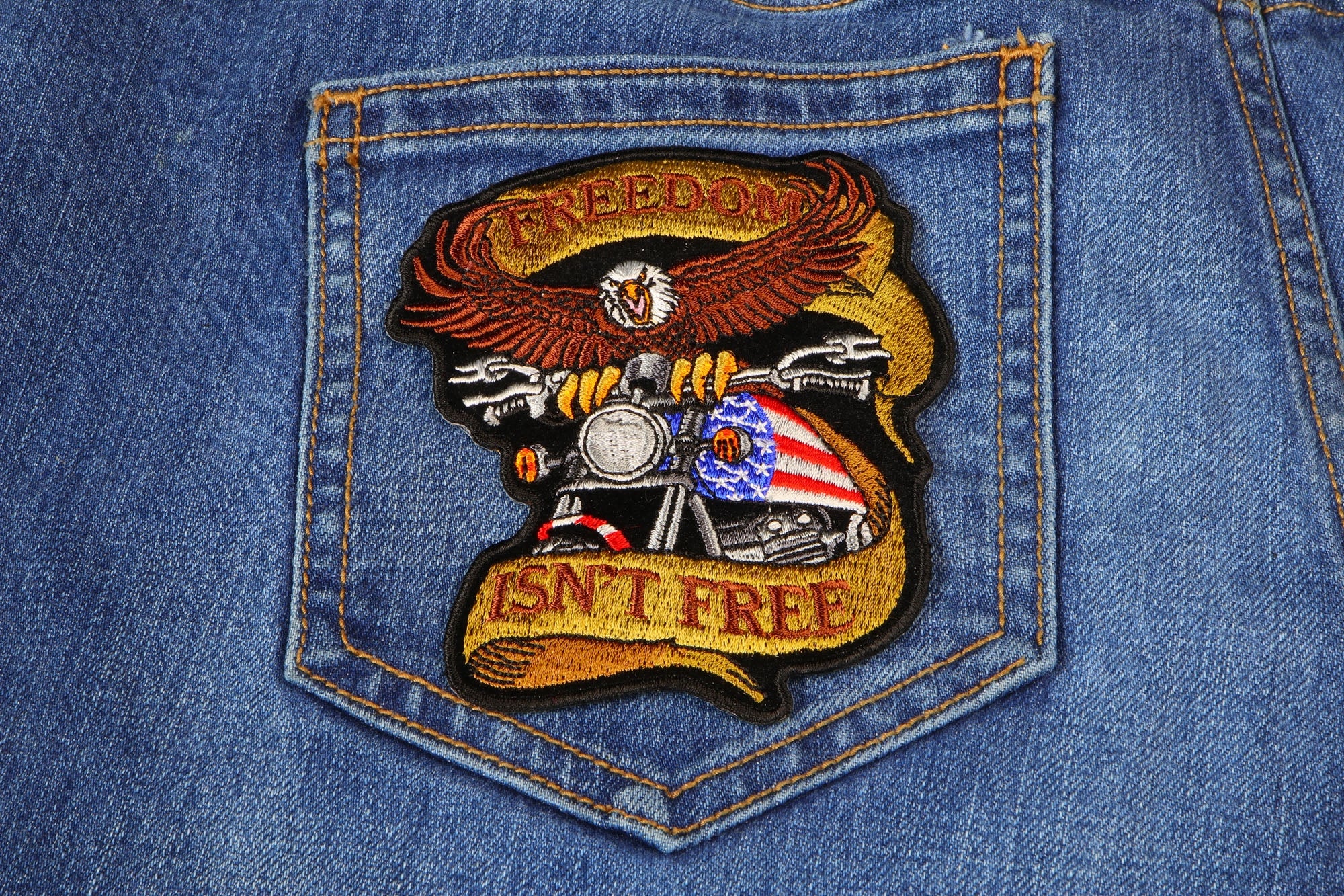 Patriotic Eagle Biker Small Iron-On Patch: Freedom Isn't Free ( 4 x 4 inches )