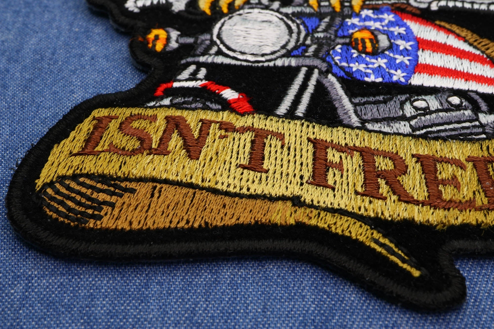 Patriotic Eagle Biker Small Iron-On Patch: Freedom Isn't Free ( 4 x 4 inches )