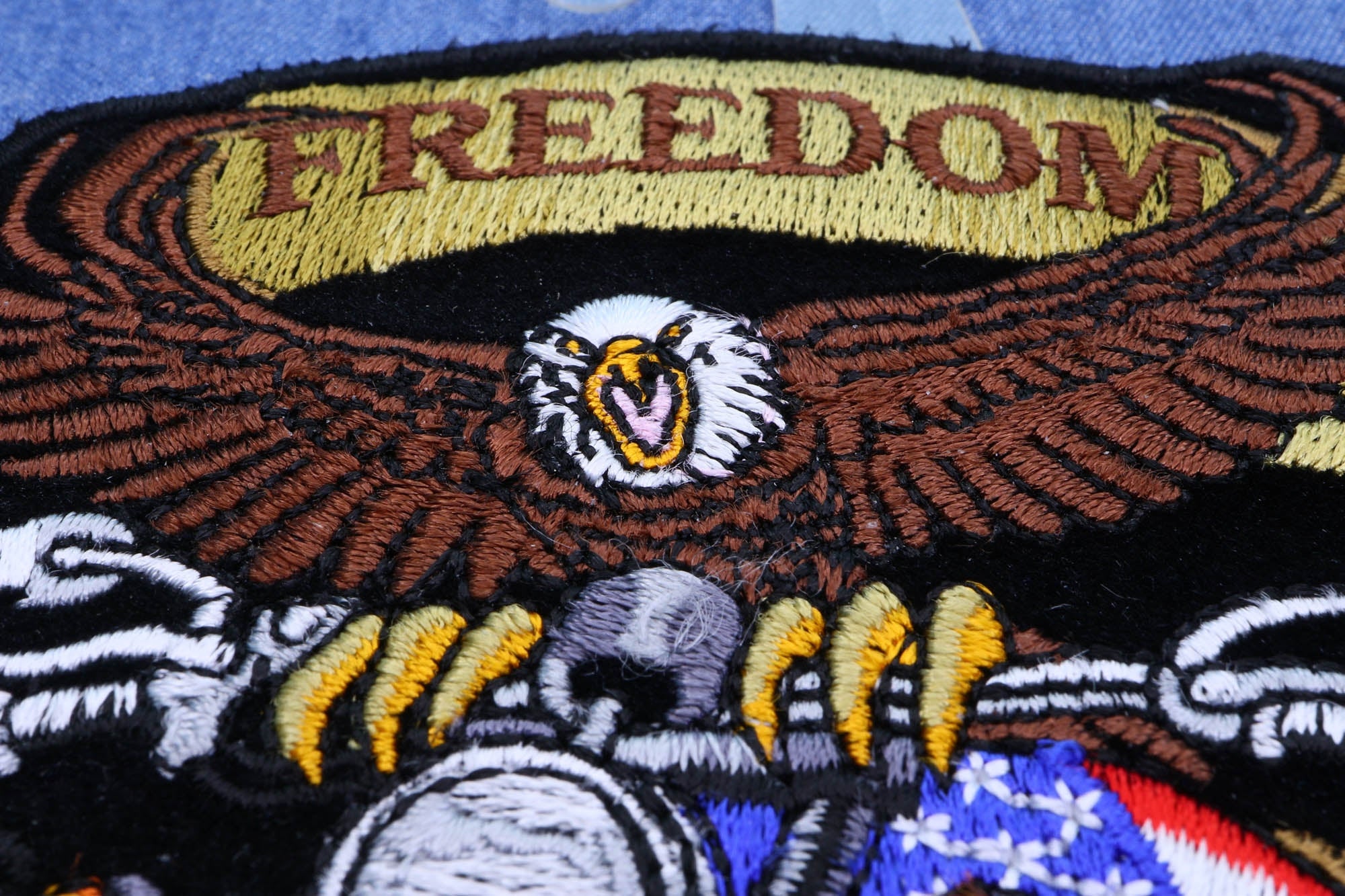 Patriotic Eagle Biker Small Iron-On Patch: Freedom Isn't Free ( 4 x 4 inches )