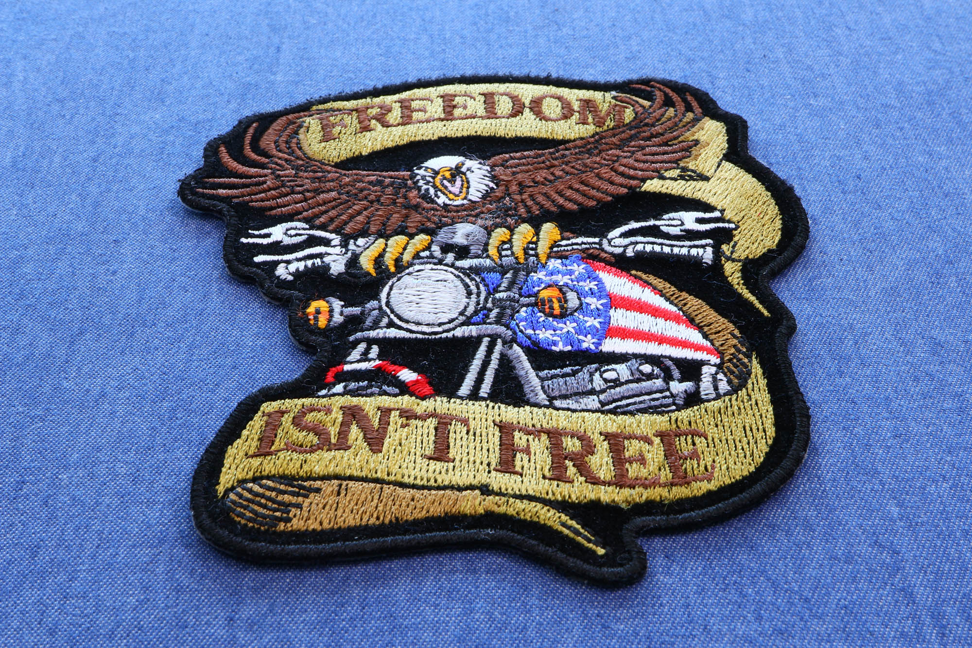 Patriotic Eagle Biker Small Iron-On Patch: Freedom Isn't Free ( 4 x 4 inches )