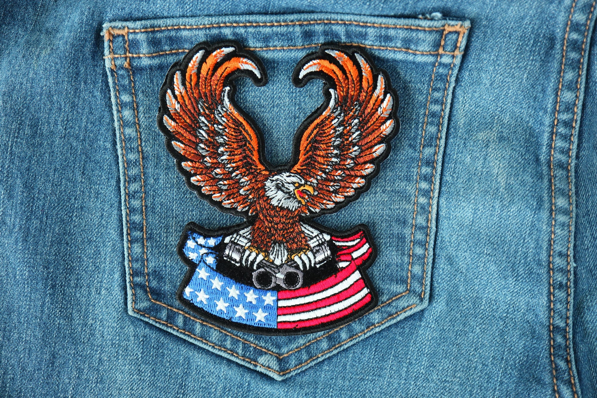 Brown Eagle Patch Sitting on American Flag Patch for Jackets 3x4 inches