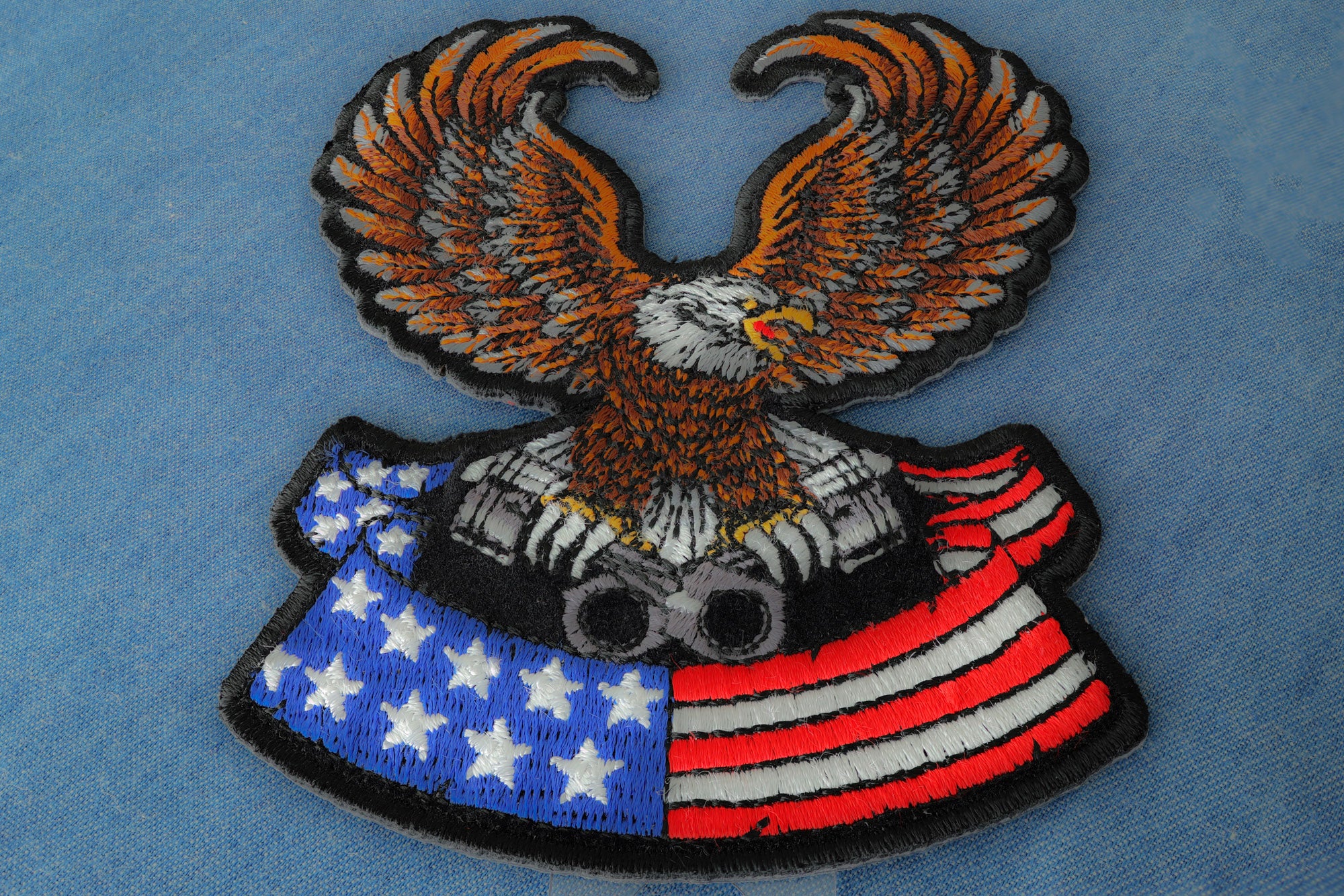Brown Eagle Patch Sitting on American Flag Patch for Jackets 3x4 inches