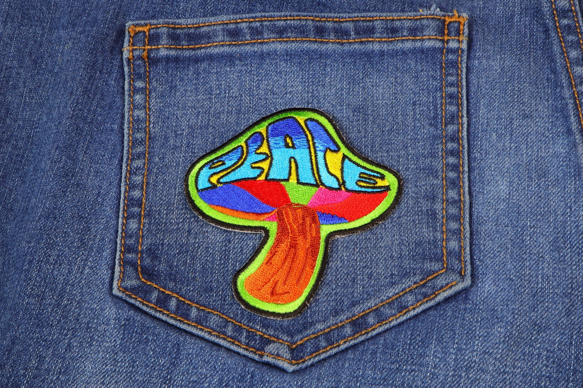 Peace Mushroom Iron-On Patch - Psychedelic Hippie Design for Retro Vibes (   4 x 3 inch )