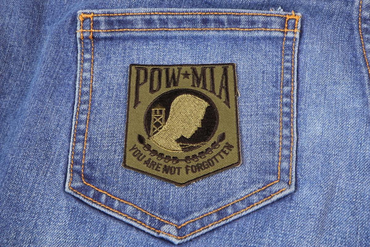 POW MIA Subdued Green Embroidered Patch apparel application view