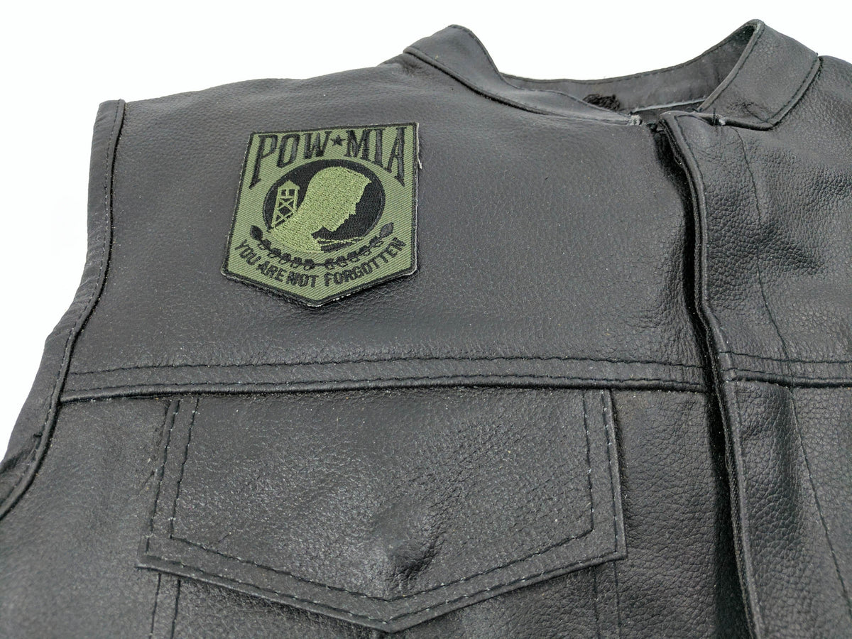 POW MIA Subdued Green Embroidered Patch shown for scale