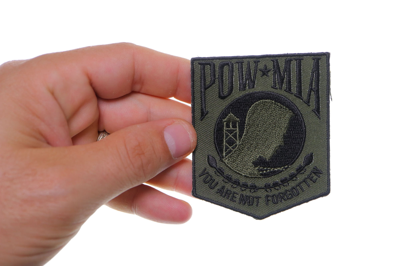 POW MIA Subdued Green Embroidered Patch reverse and construction view
