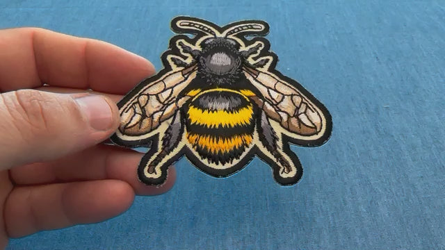 Bee embroidered patch front, reverse backing and flexible construction video
