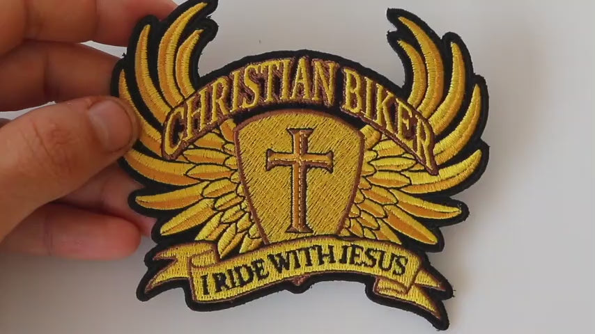 I Ride with Jesus Brown Embroidered Patch product video
