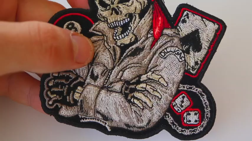 Biker Skull Dice 8-Ball Embroidered Patch product video