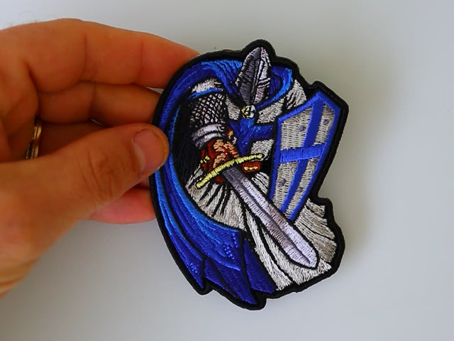 Blue Cape Knight Christian Embroidered Patch product video