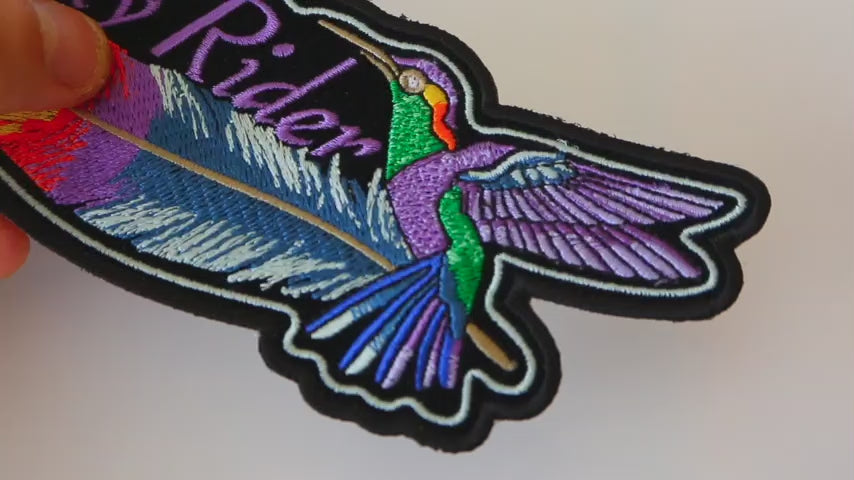 Hummingbird Lady Rider Embroidered Patch product video