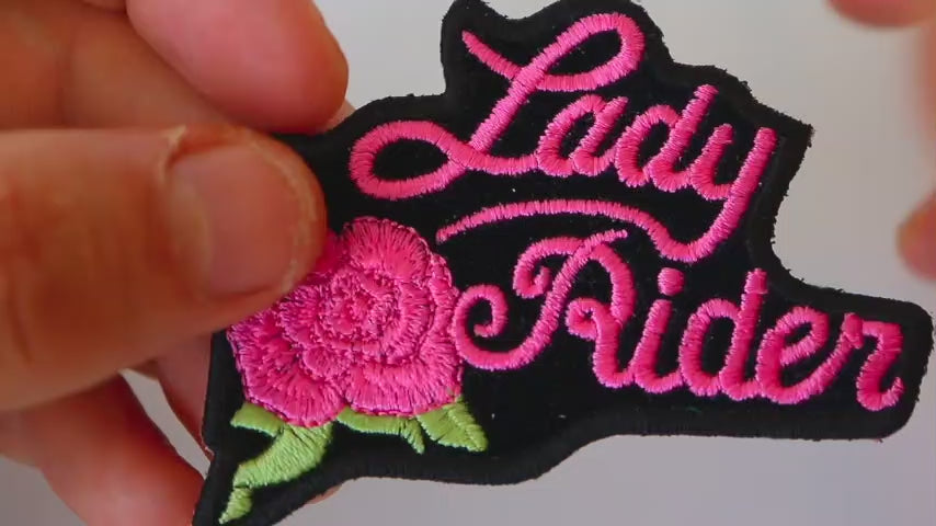Pink Lady Rider Rose Embroidered Patch product video