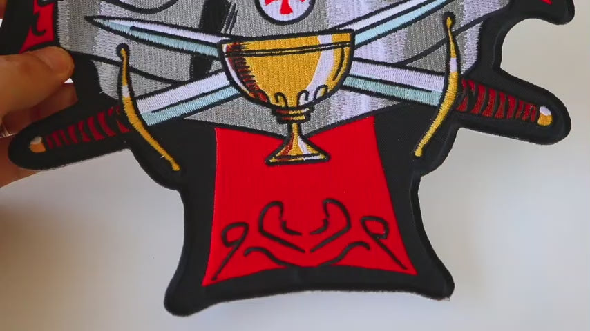 Knight Templar Holy Grail embroidered patch shown in an actual product video