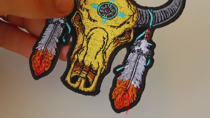 Buffalo Head Feathers Embroidered Patch product video