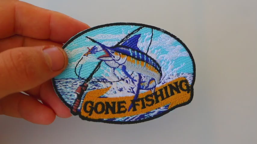 Marlin Gone Fishing Embroidered Patch product video