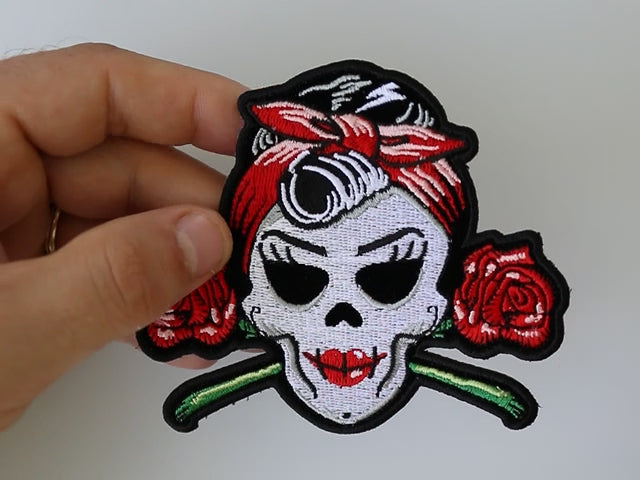 Rockabilly Lady Skull Roses Embroidered Patch product video