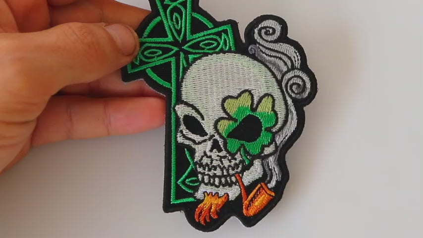 Irish Skull Cross Pipe Embroidered Patch product video