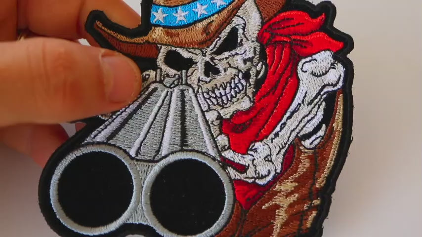 Shotgun Skull Cowboy Embroidered Patch product video