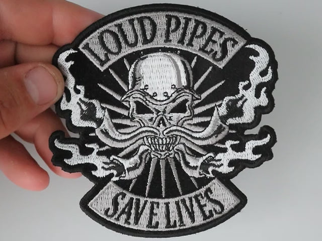 Loud Pipes Save Lives Skull Embroidered Patch product video